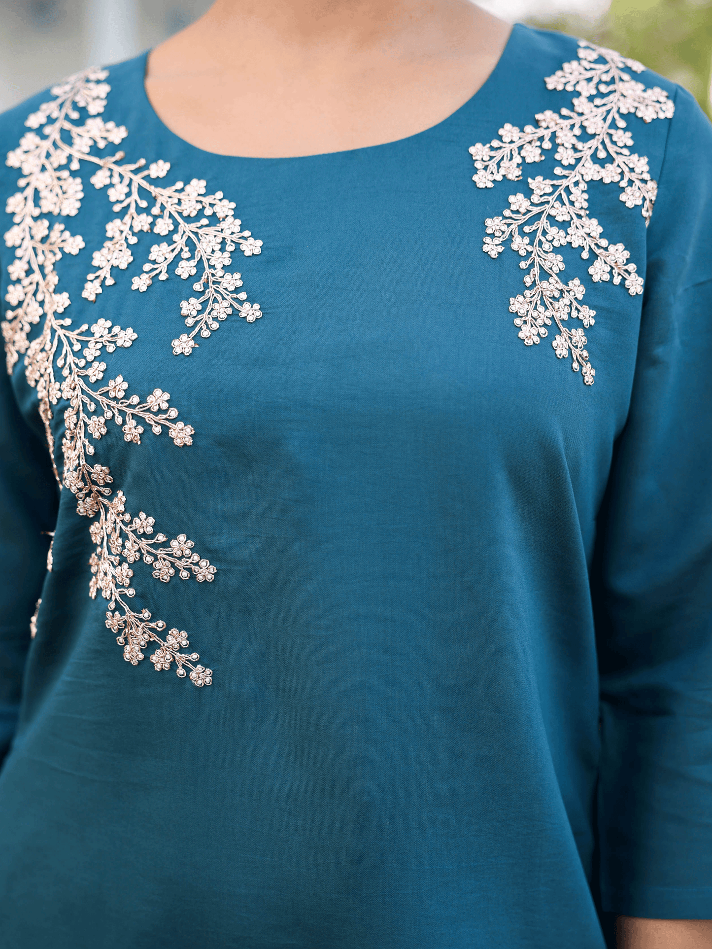Embroidered Chanderi Solid Straight Teal Kurta