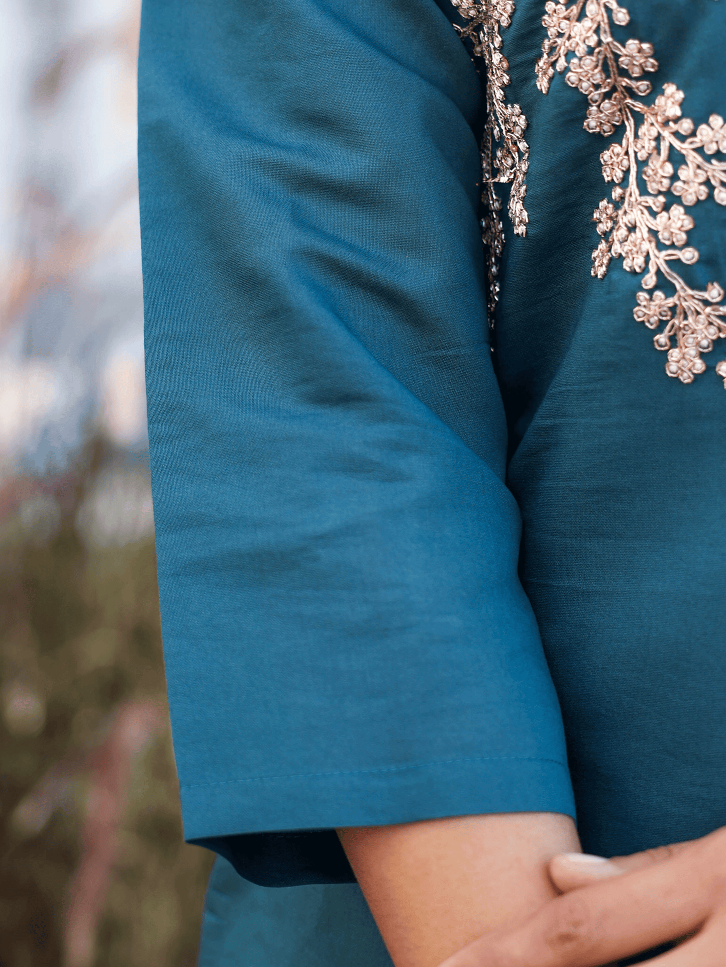 Embroidered Chanderi Solid Straight Teal Kurta