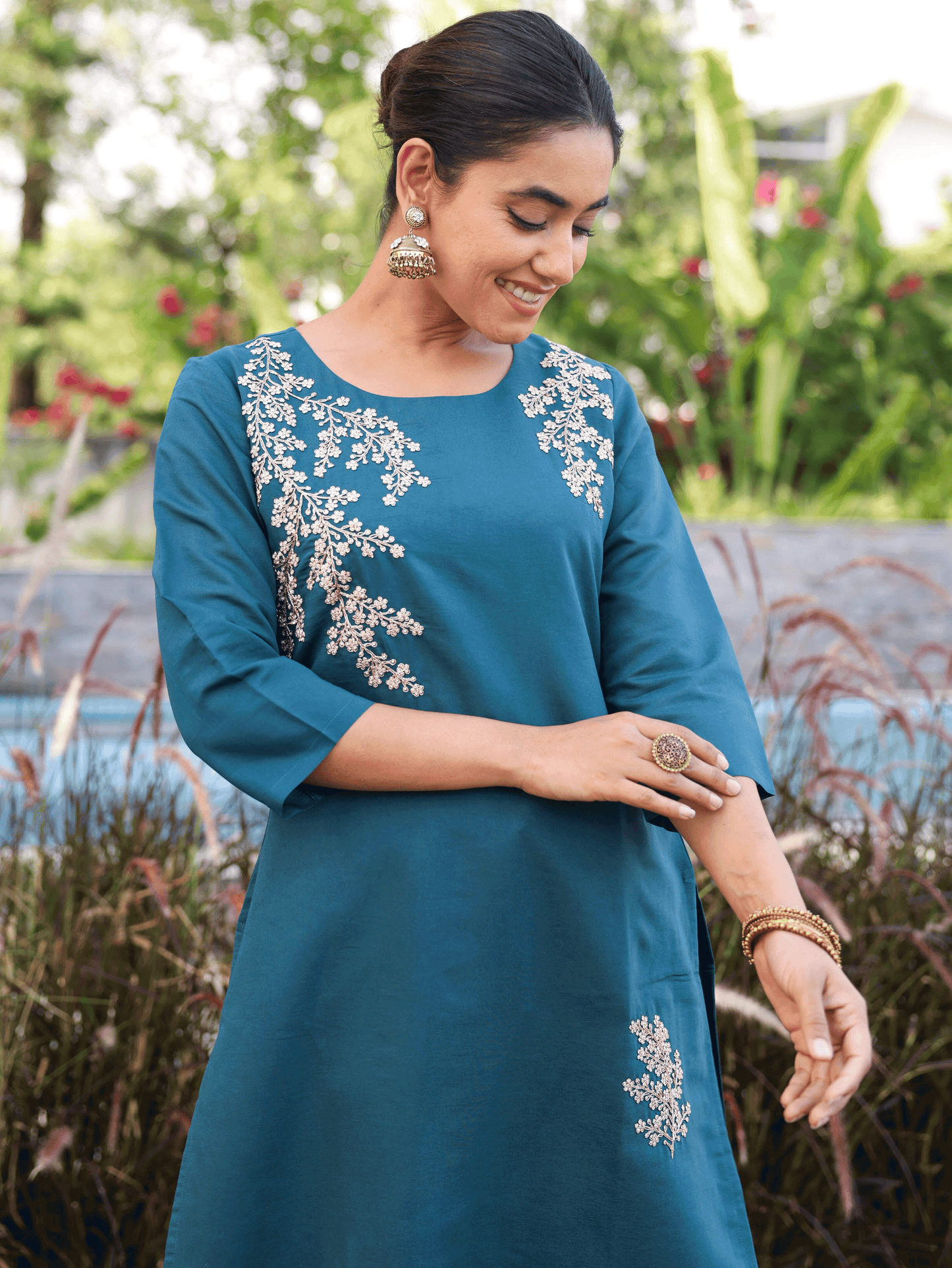 Embroidered Chanderi Solid Straight Teal Kurta