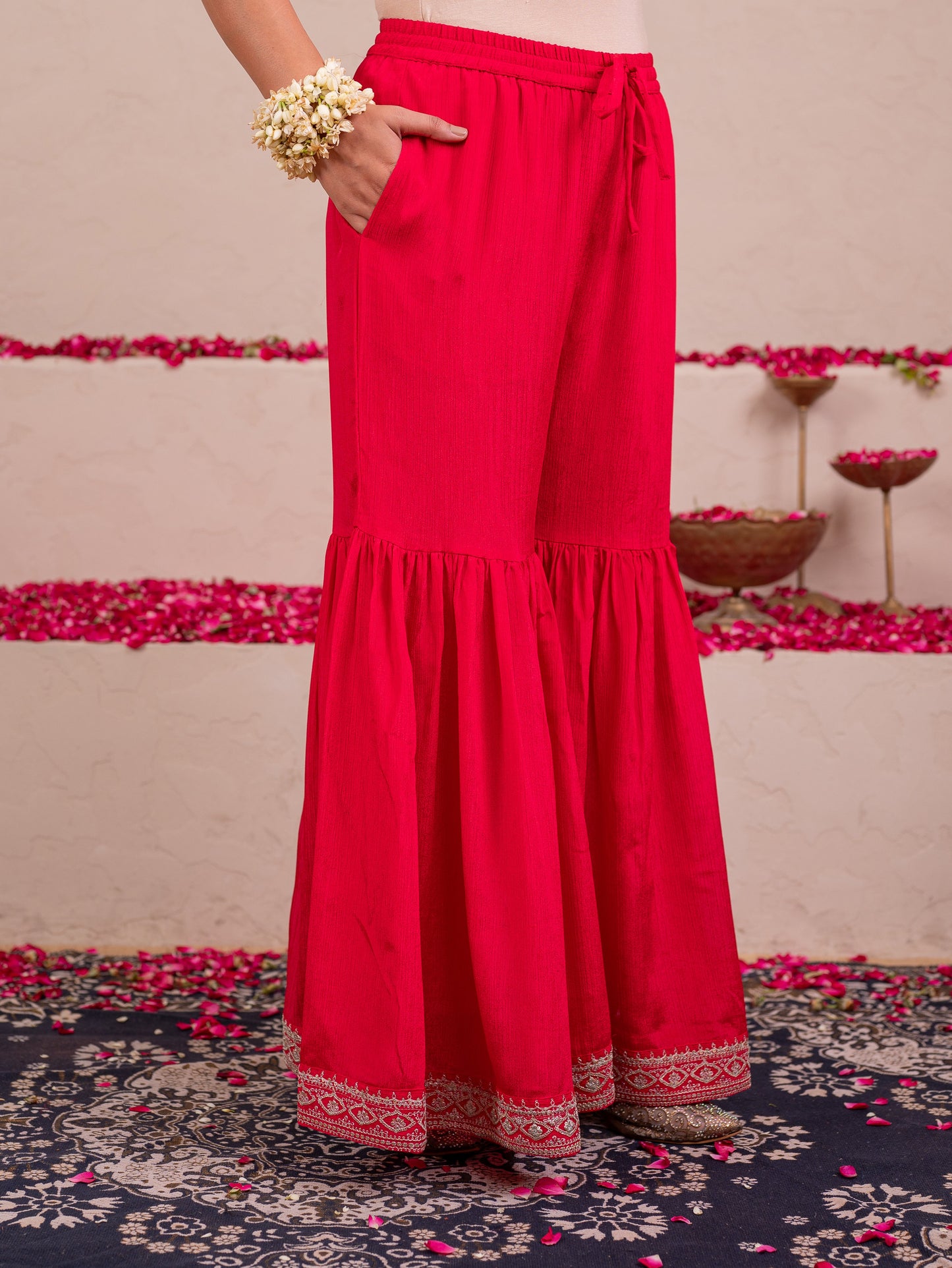 Embroidered Blended silk Solid Red Sharara Trousers