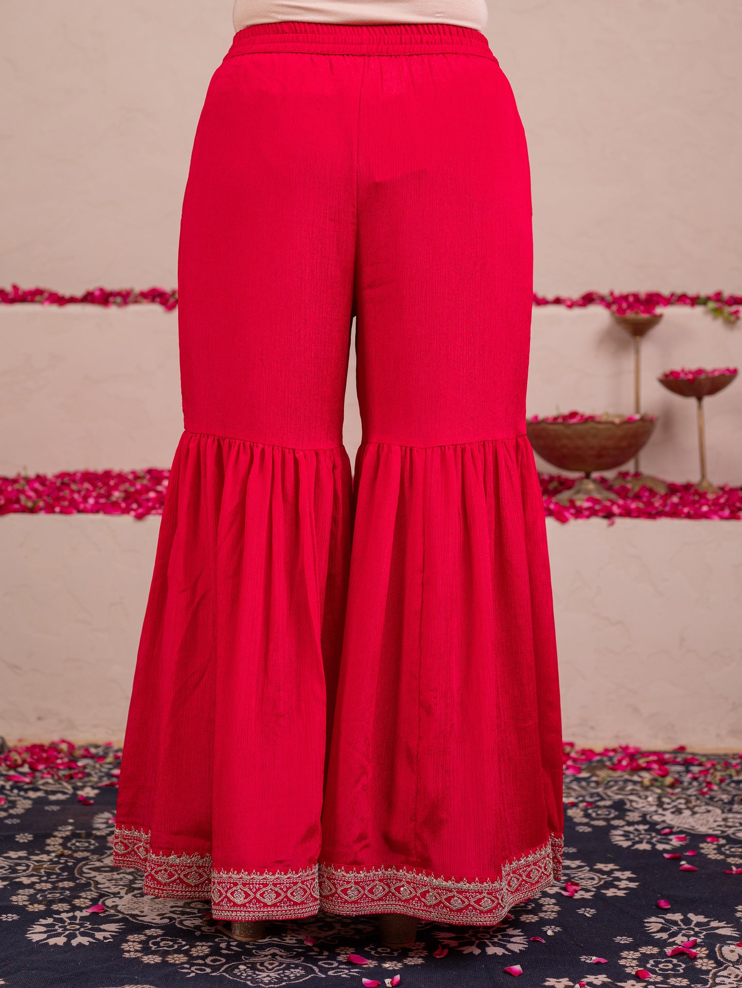 Embroidered Blended silk Solid Red Sharara Trousers