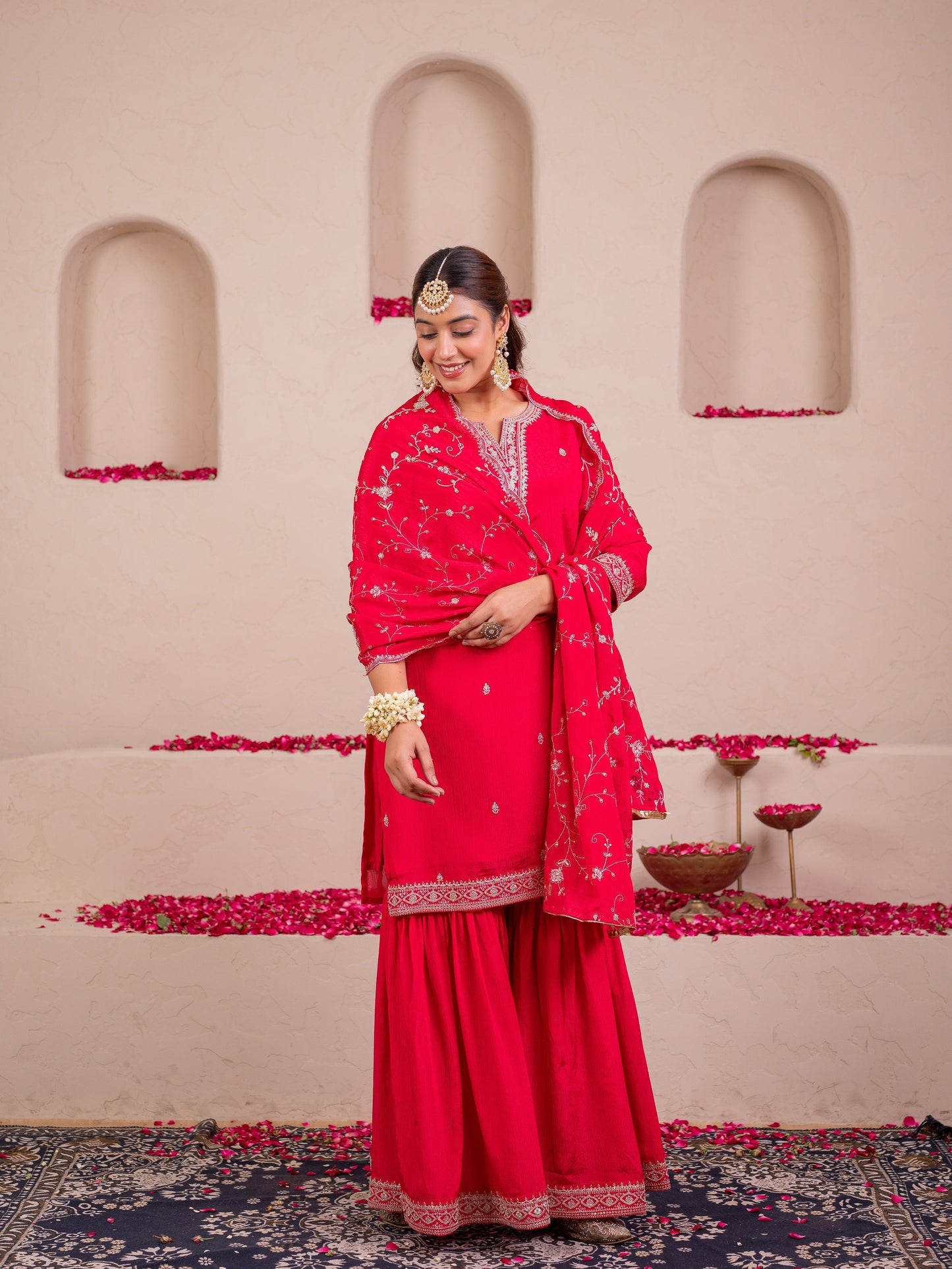 Embroidered Blended silk Solid Red Dupatta