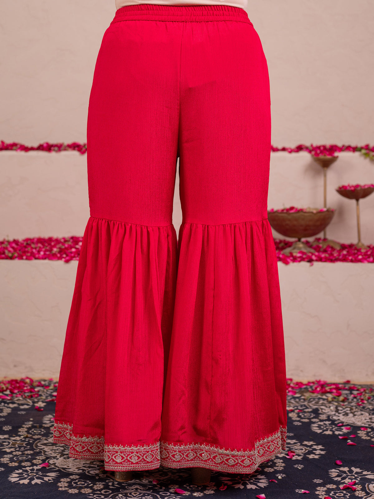 Embroidered Blended silk Solid Straight Red Kurta