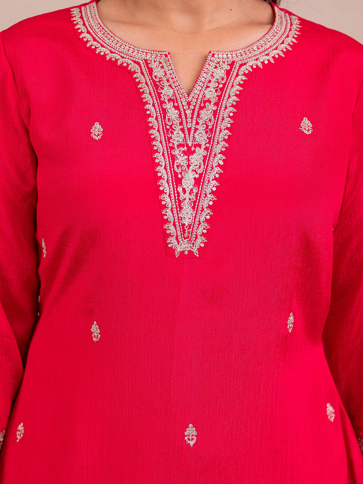 Embroidered Blended silk Solid Straight Red Kurta