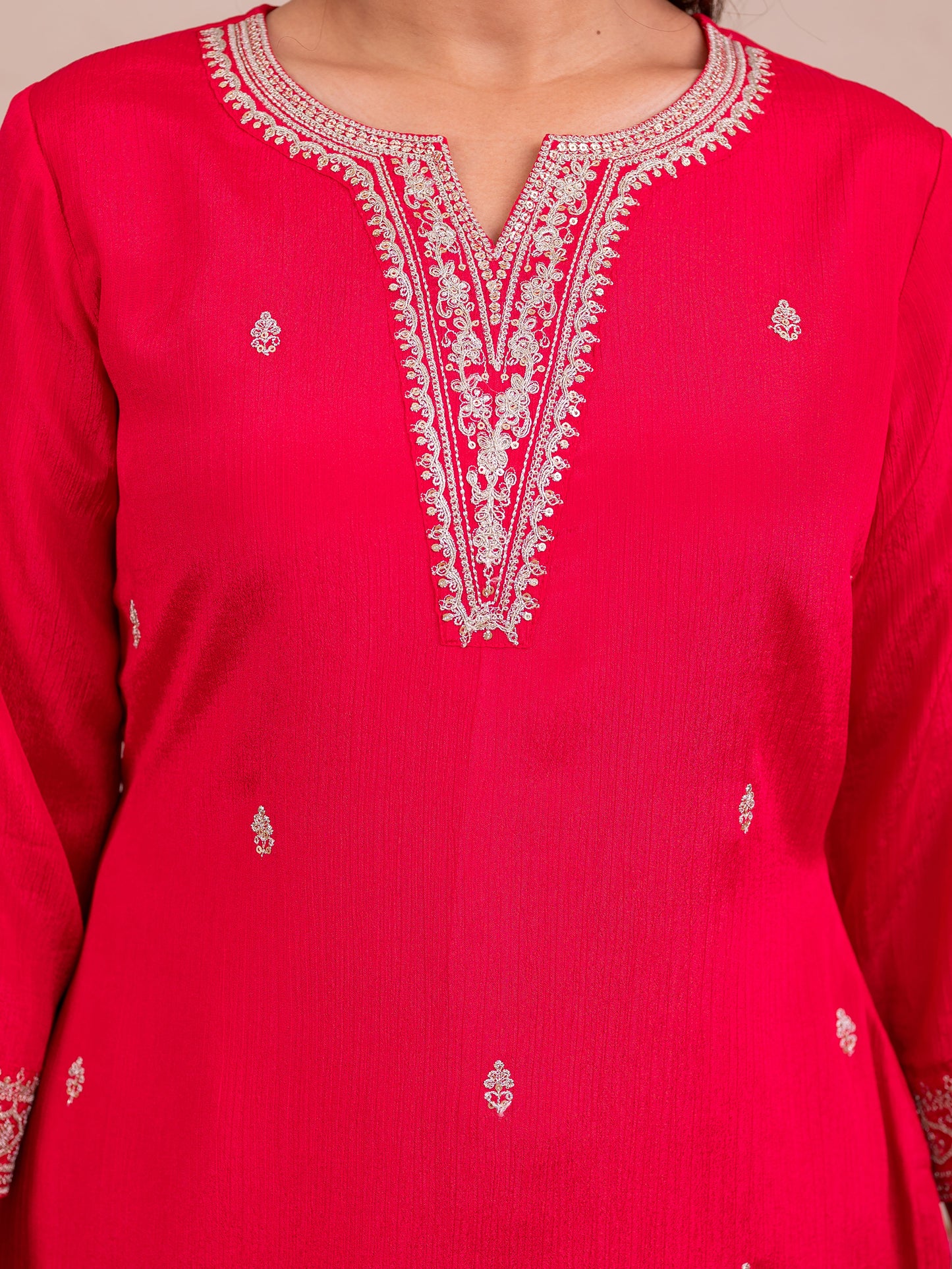 Embroidered Blended silk Solid Straight Red Kurta