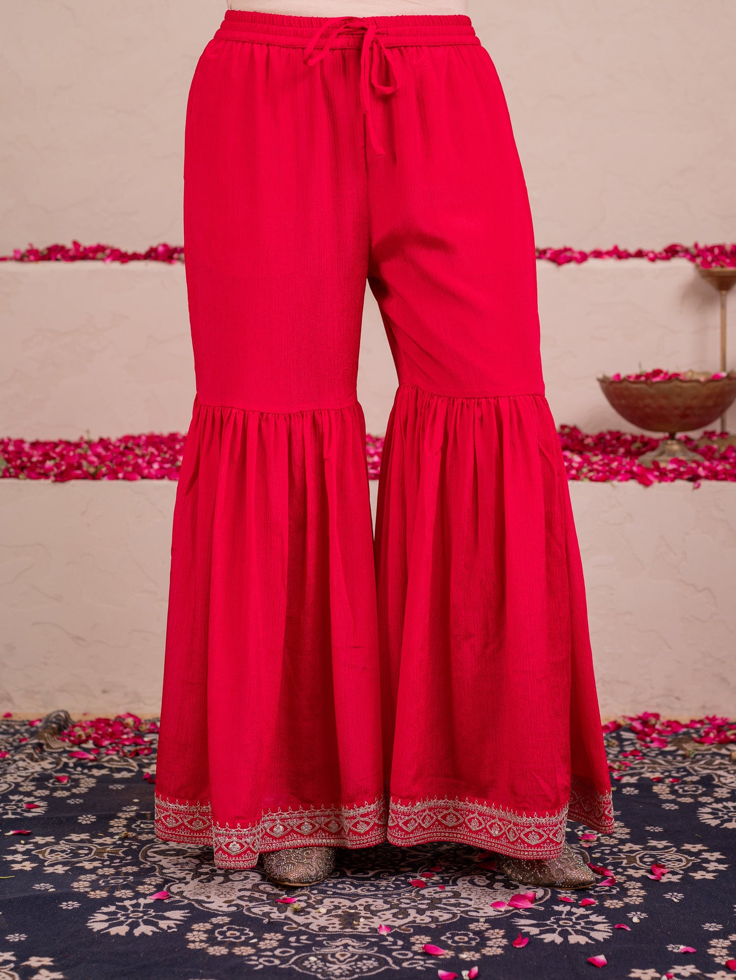 Embroidered Blended silk Solid Straight Red Kurta