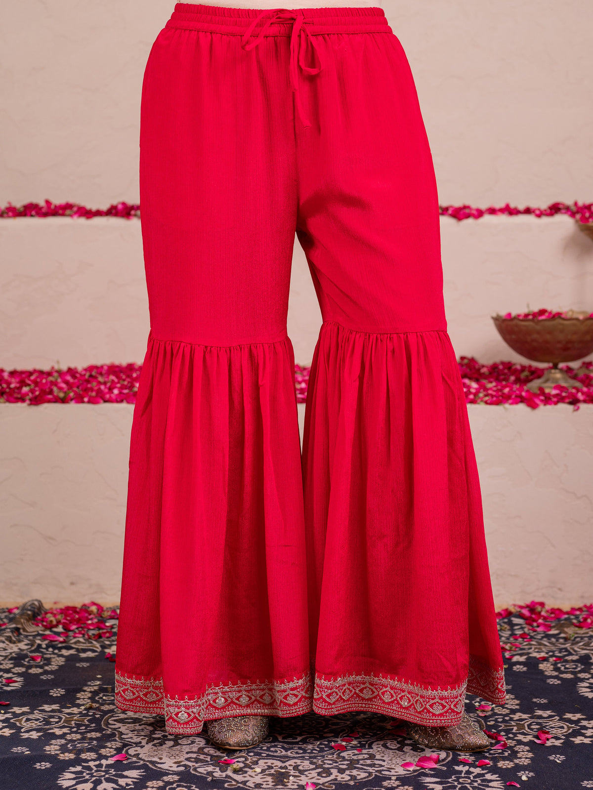 Embroidered Blended silk Solid Straight Red Kurta