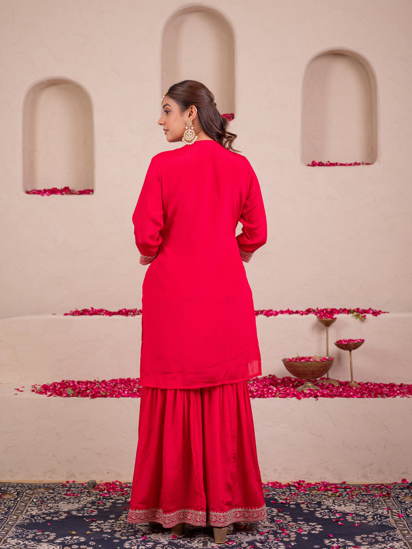 Embroidered Blended silk Solid Straight Red Kurta