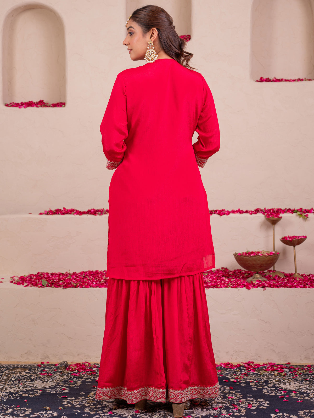 Embroidered Blended silk Solid Straight Red Kurta
