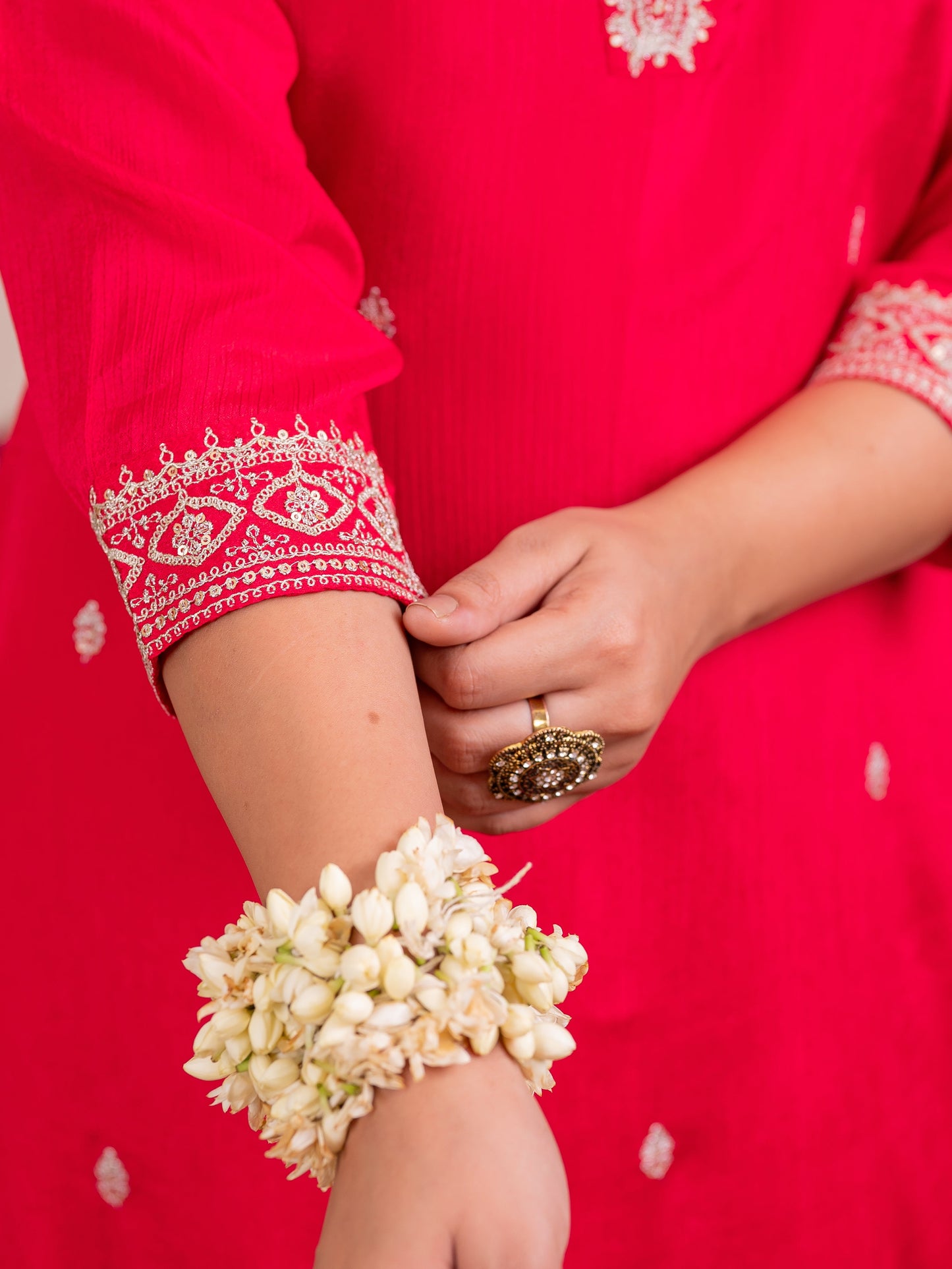 Embroidered Blended silk Solid Straight Red Kurta