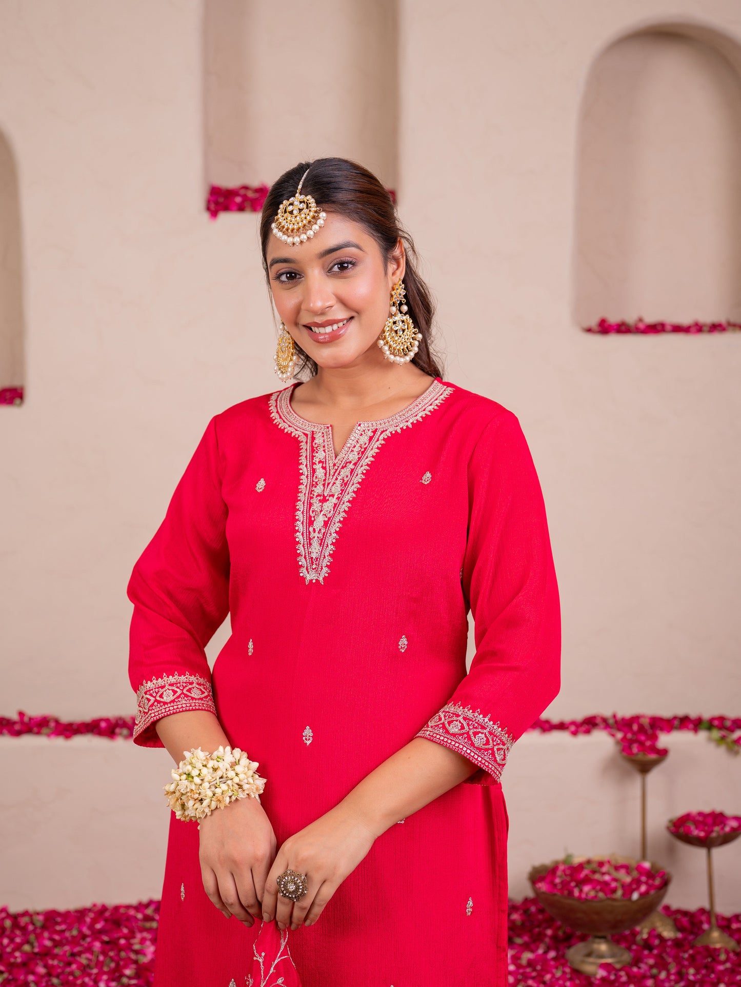 Embroidered Blended silk Solid Straight Red Kurta