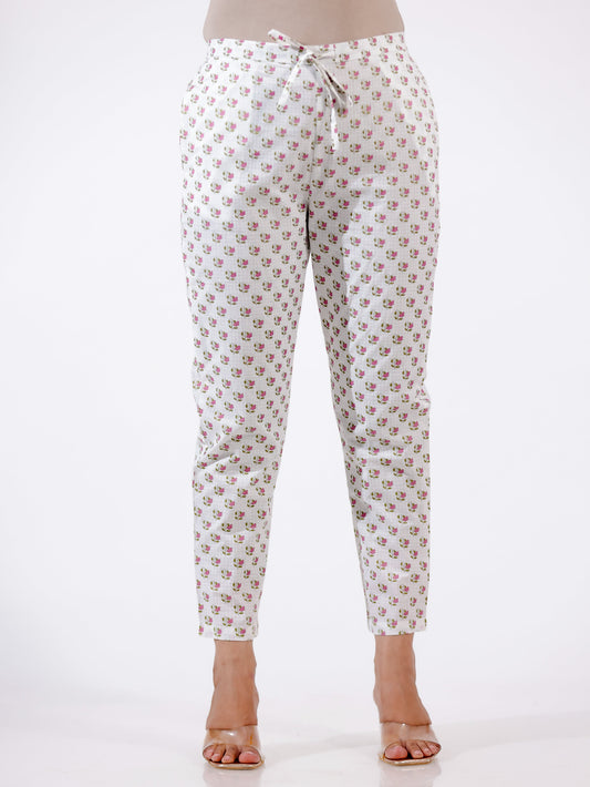 Soft Cotton Hand-Block White Tapered Trousers