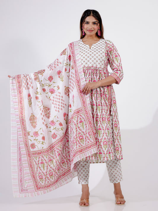 Soft Cotton Floral A-line White Kurta