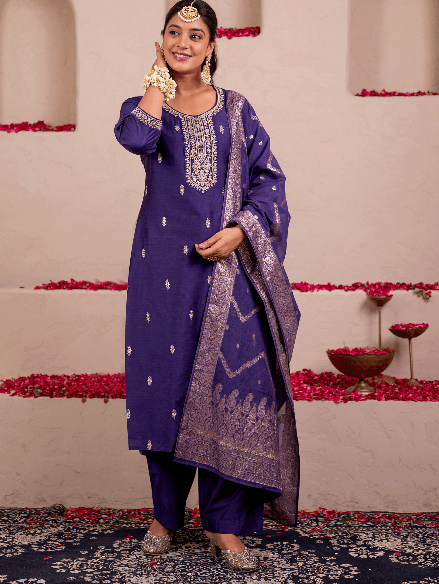 Embroidered Chanderi Solid Straight Purple Kurta