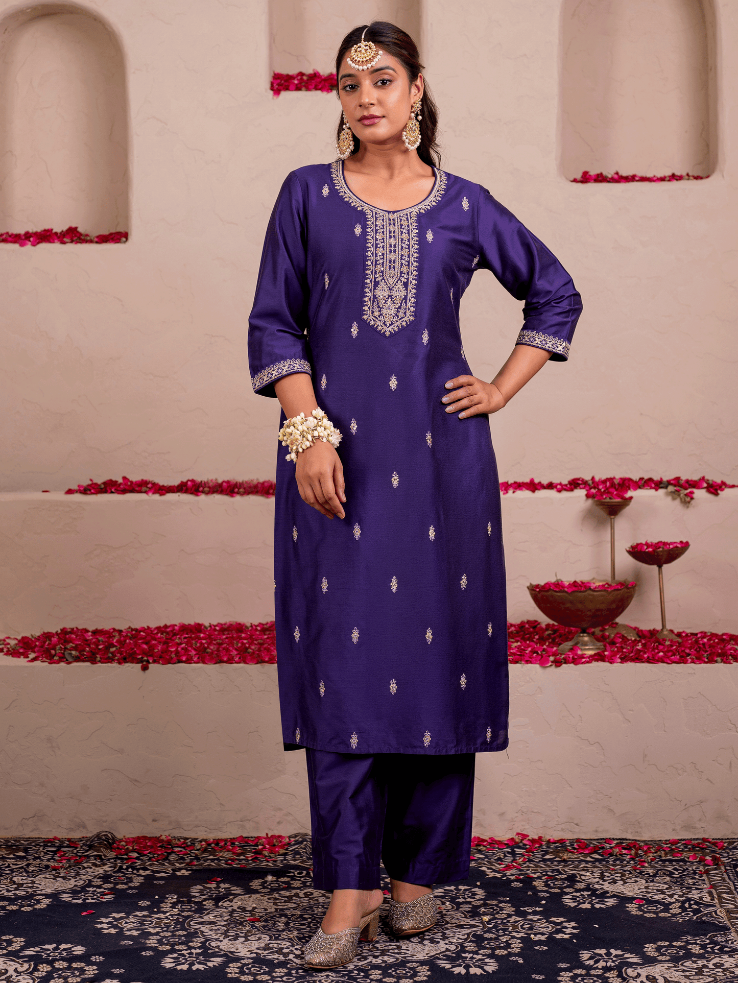 Embroidered Chanderi Solid Straight Purple Kurta