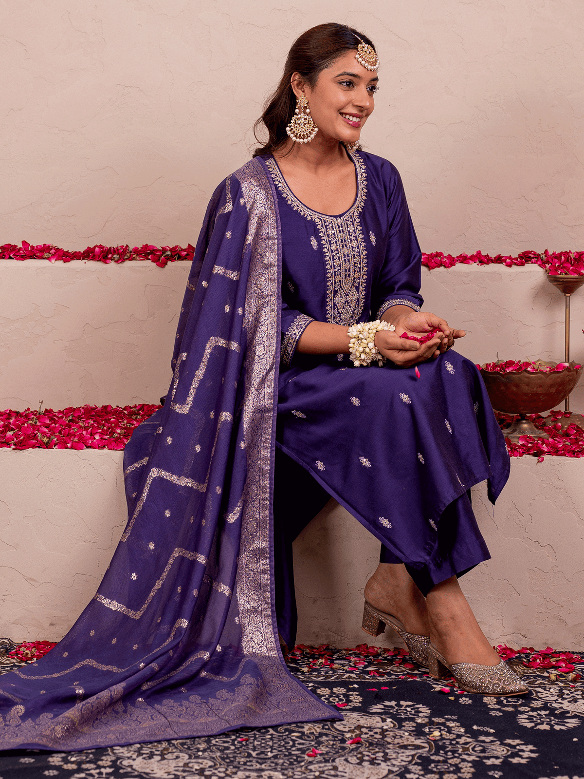 Embroidered Chanderi Solid Straight Purple Kurta