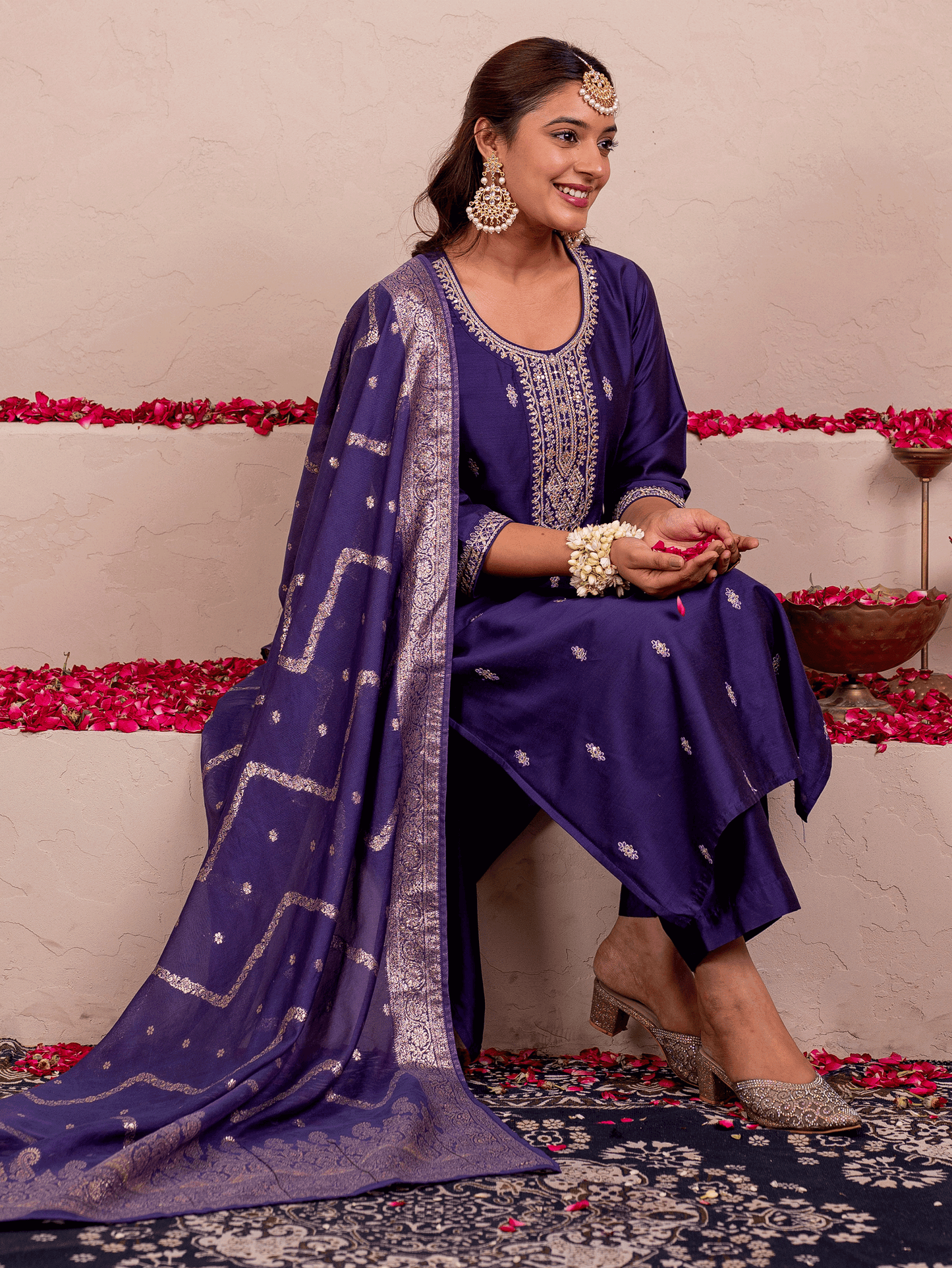 Embroidered Chanderi Solid Straight Purple Kurta
