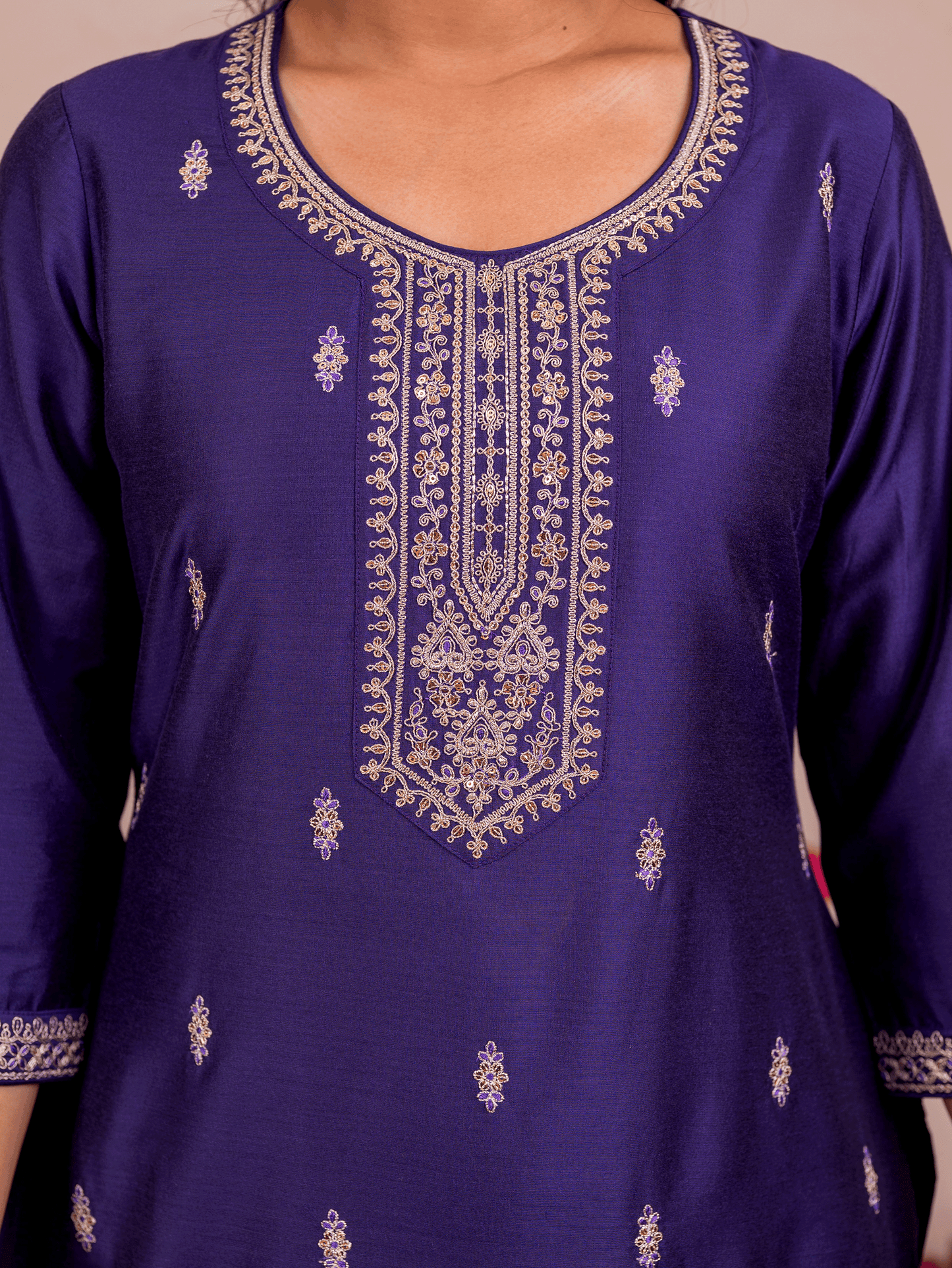 Embroidered Chanderi Solid Straight Purple Kurta
