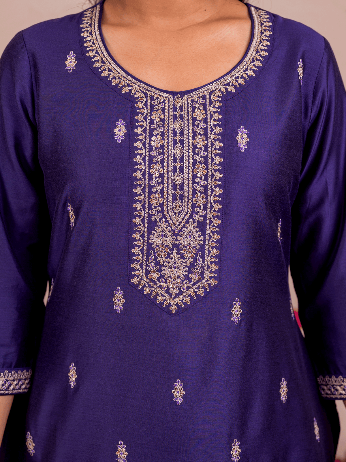 Embroidered Chanderi Solid Straight Purple Kurta