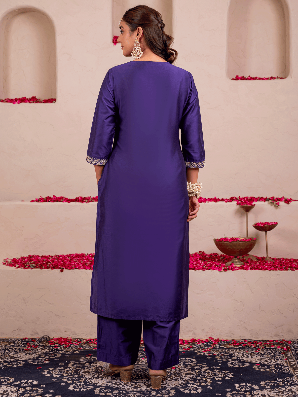 Embroidered Chanderi Solid Straight Purple Kurta
