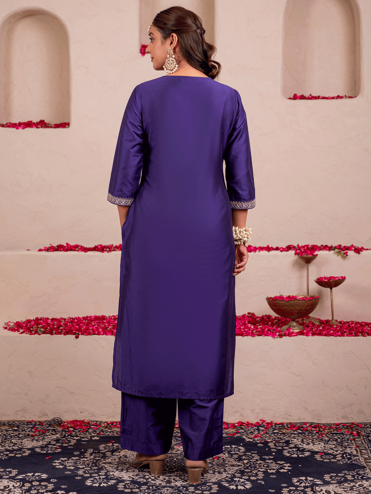 Embroidered Chanderi Solid Straight Purple Kurta