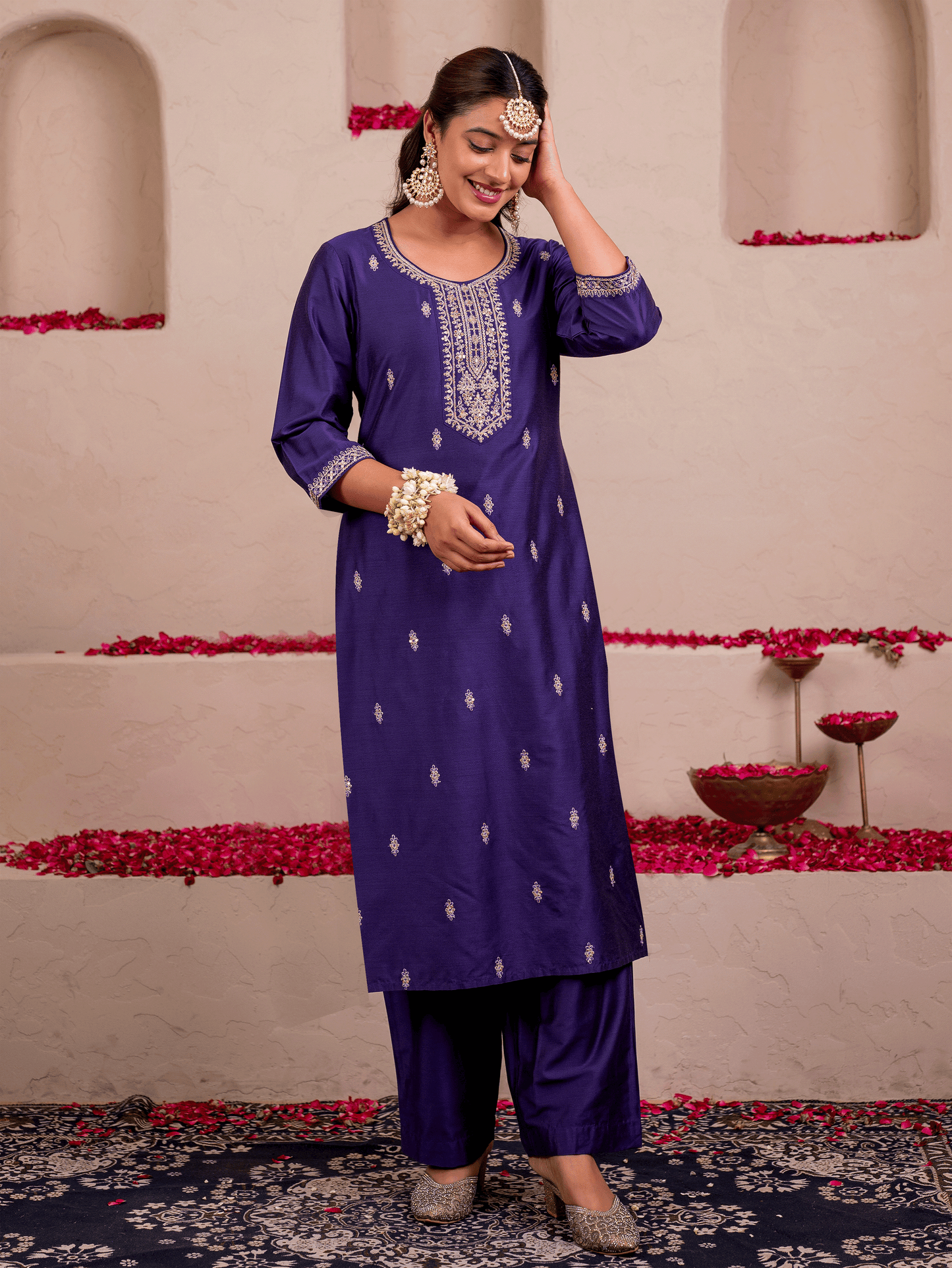 Embroidered Chanderi Solid Straight Purple Kurta