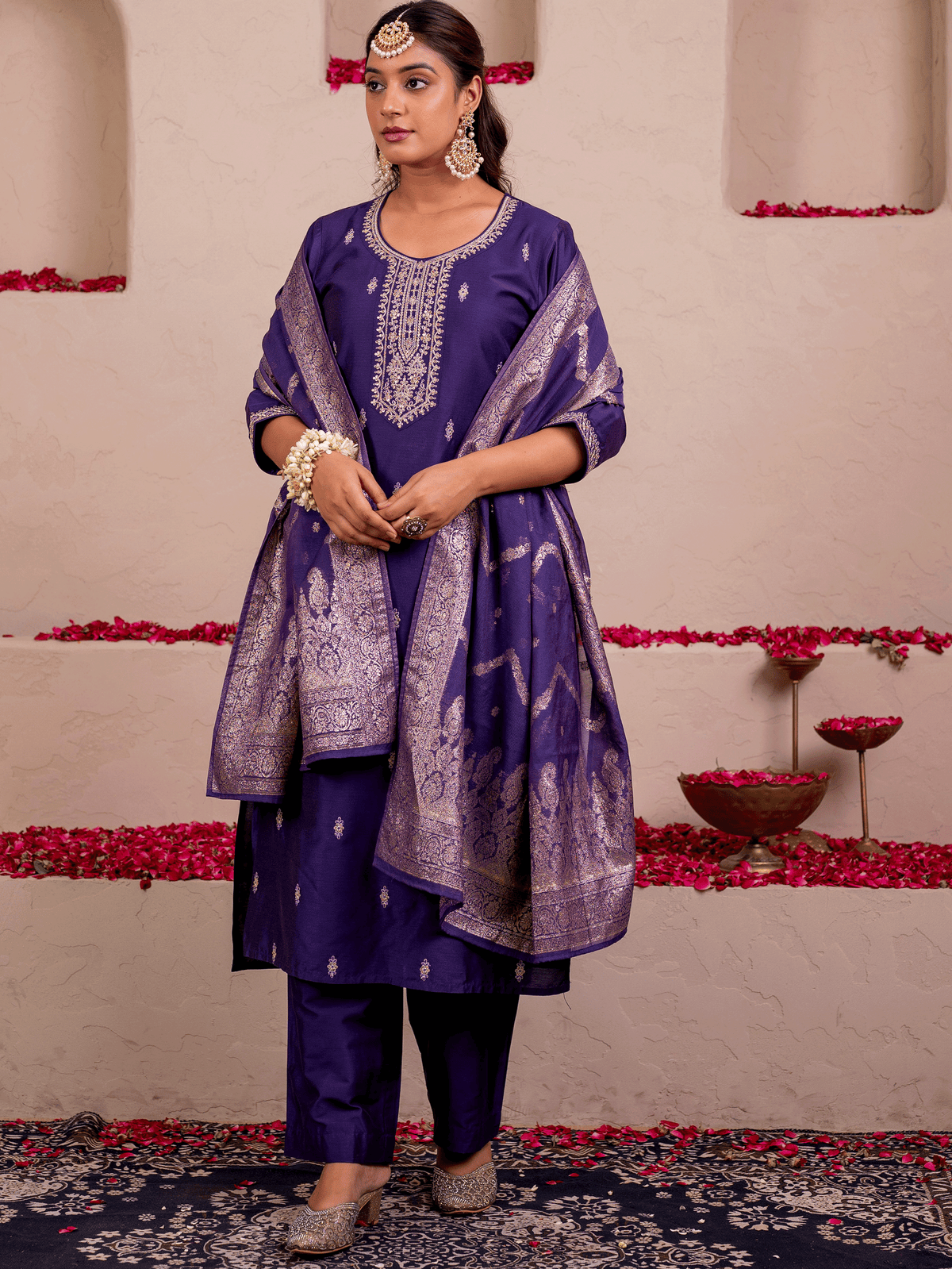 Embroidered Chanderi Solid Straight Purple Kurta
