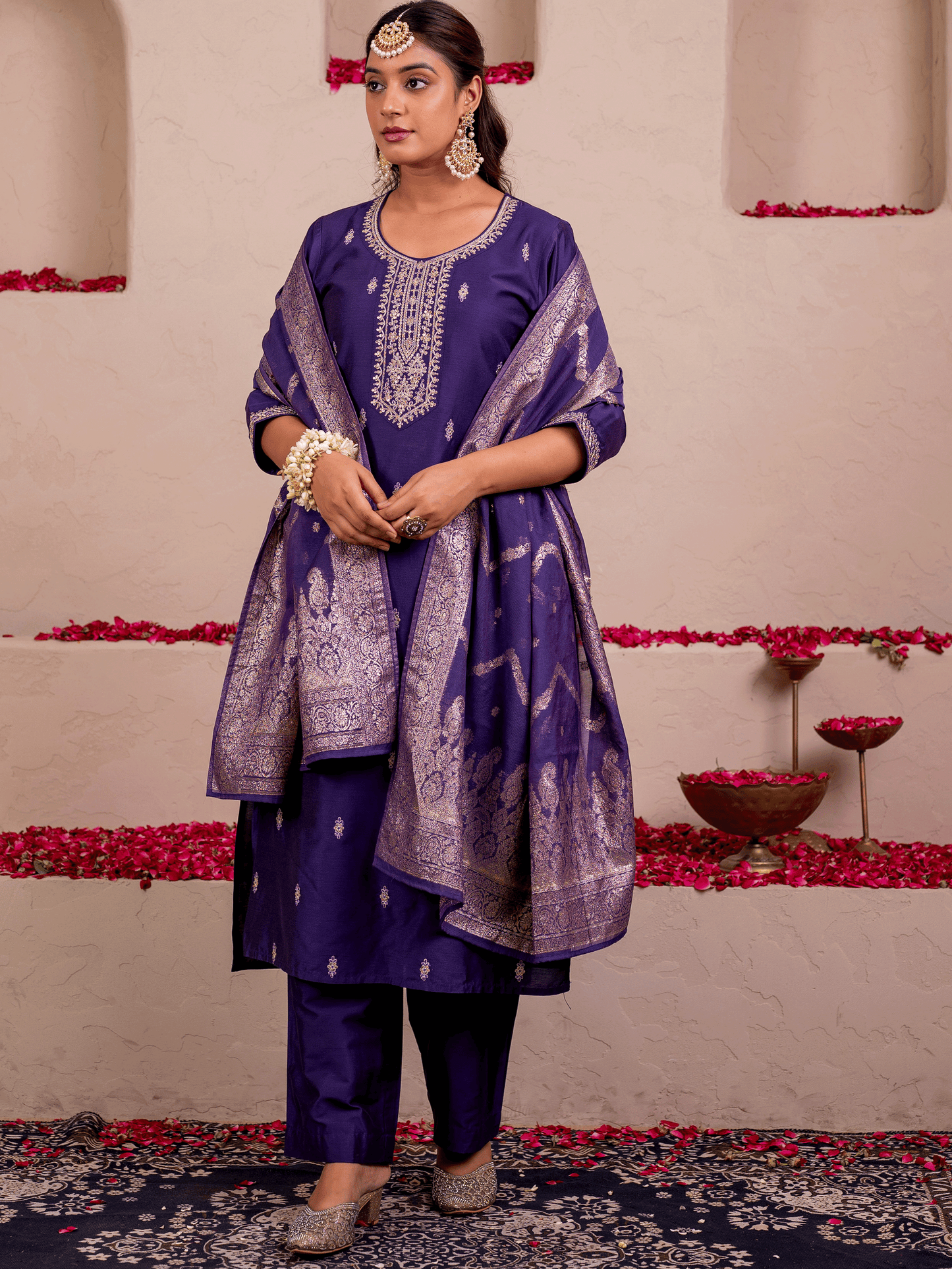 Embroidered Chanderi Solid Straight Purple Kurta