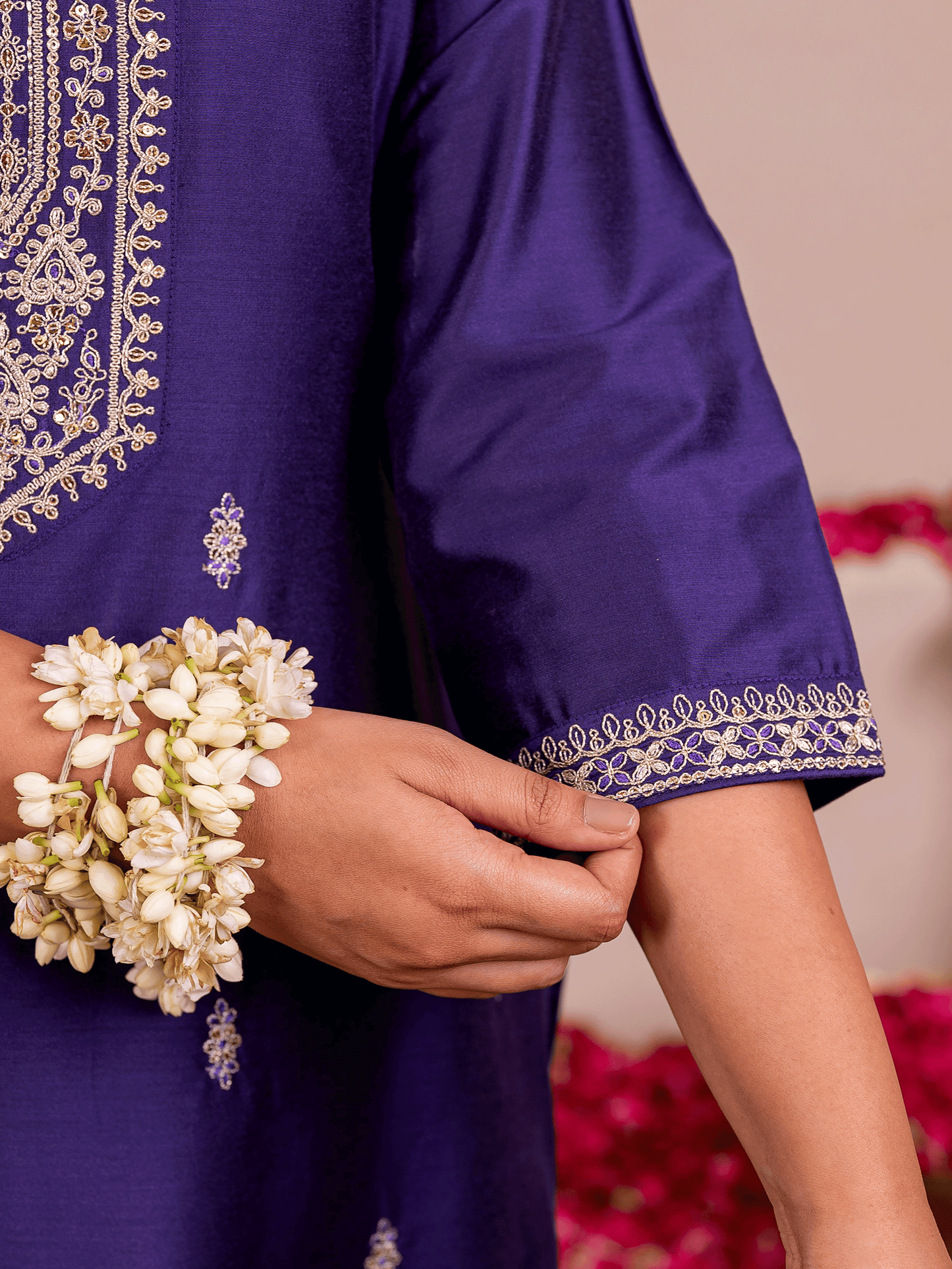 Embroidered Chanderi Solid Straight Purple Kurta