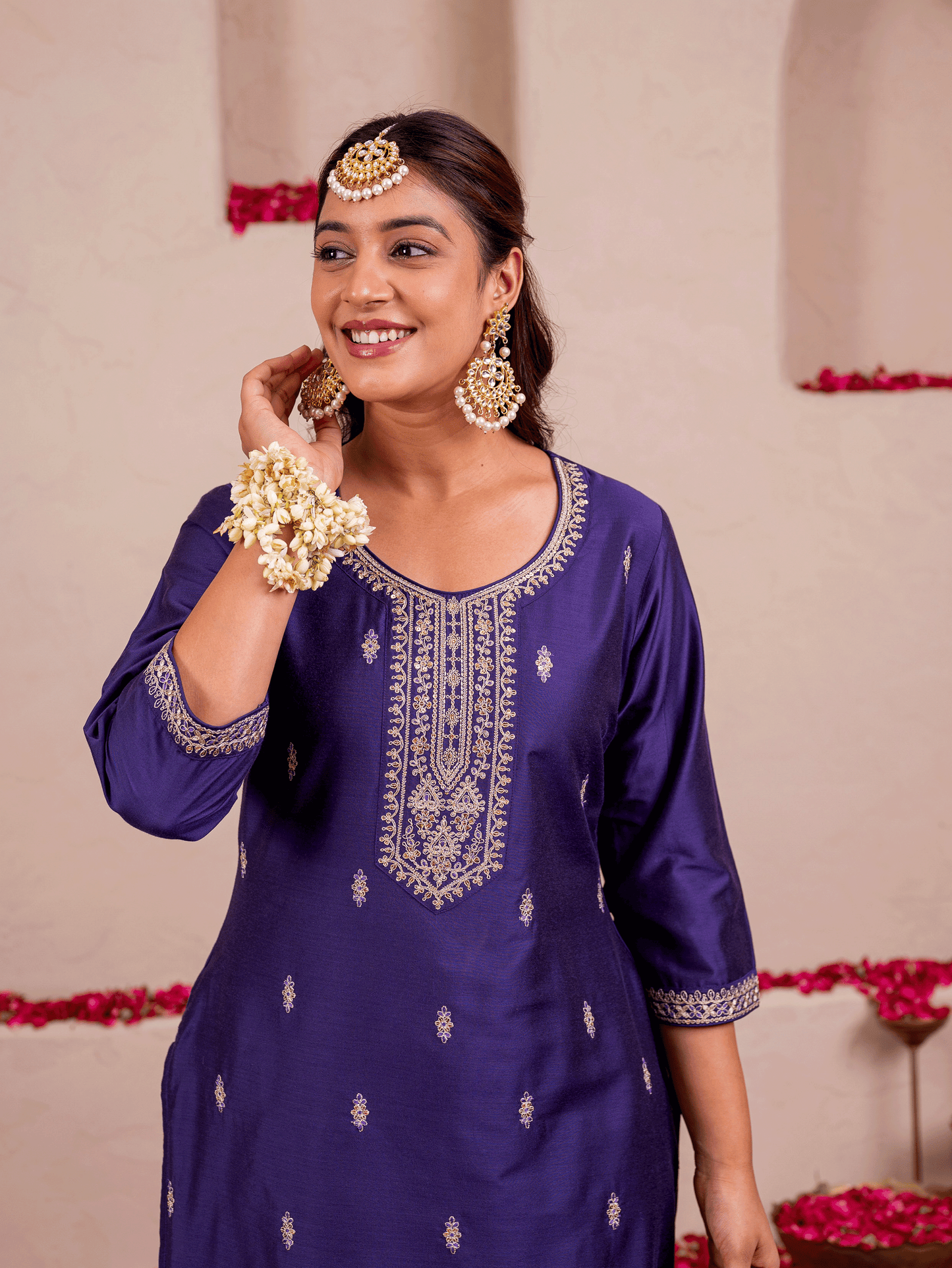 Embroidered Chanderi Solid Straight Purple Kurta