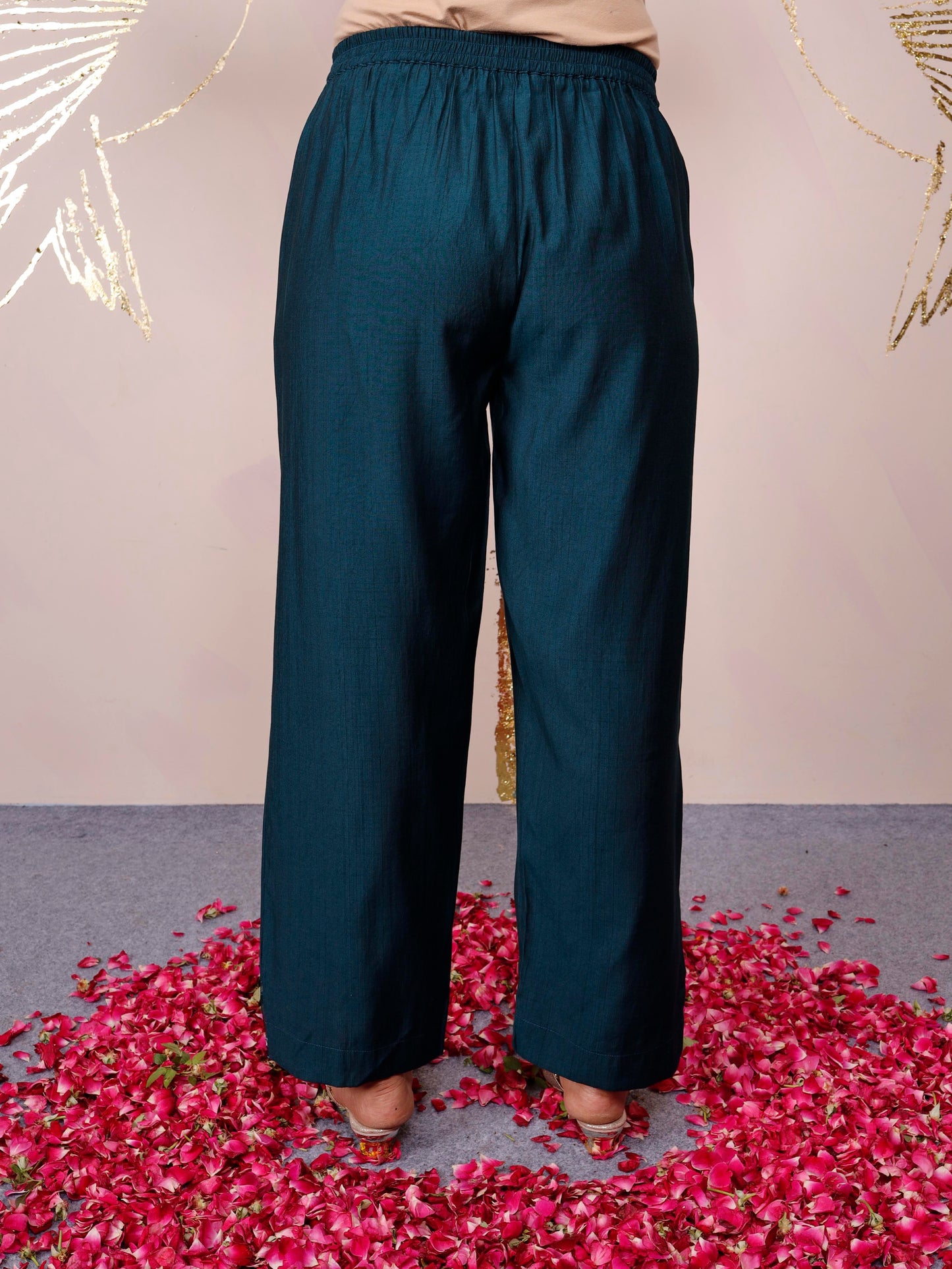 Embroidered Blended silk Solid Teal Regular Trousers