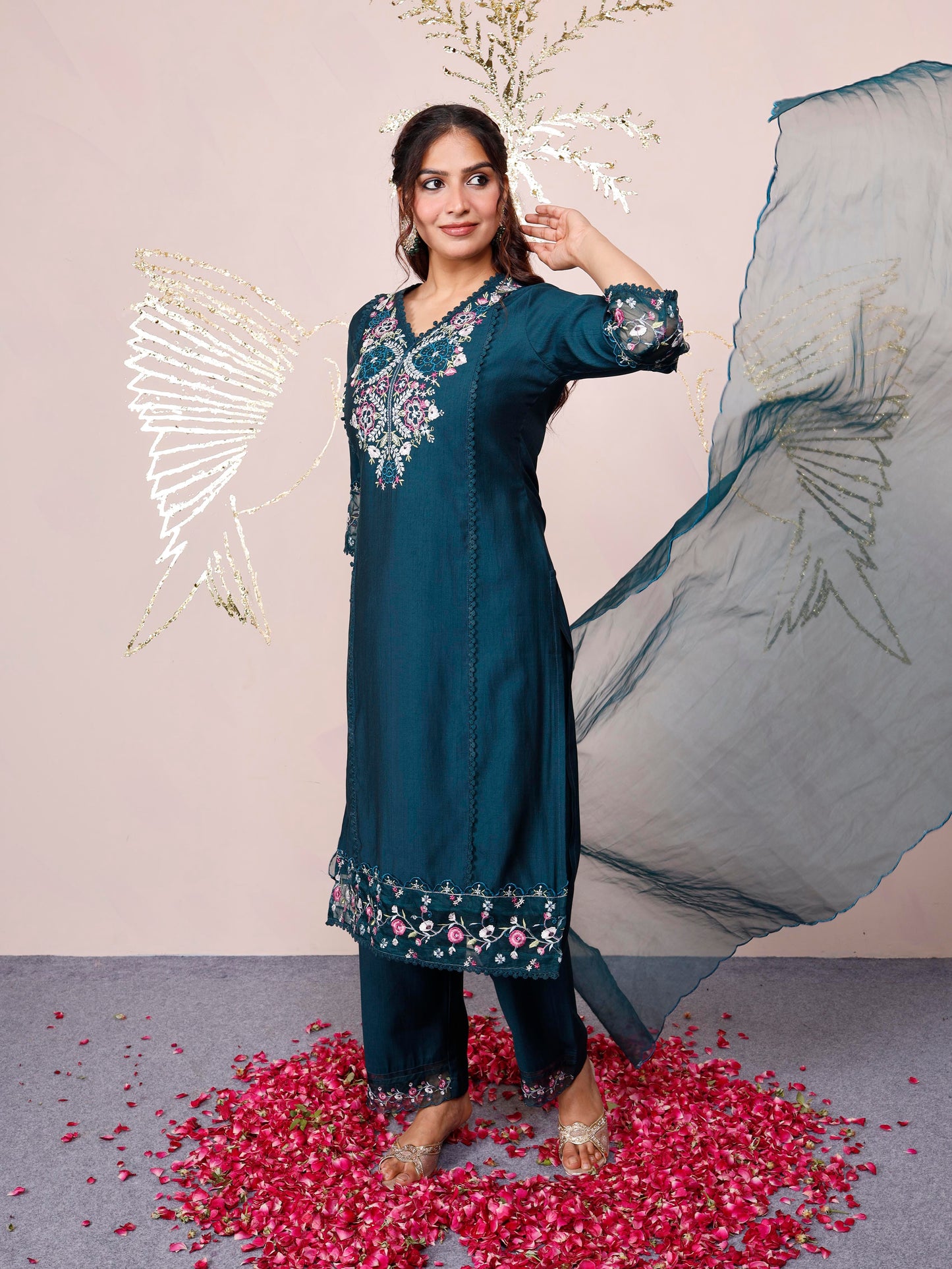 Embroidered Organza Solid Teal Dupatta
