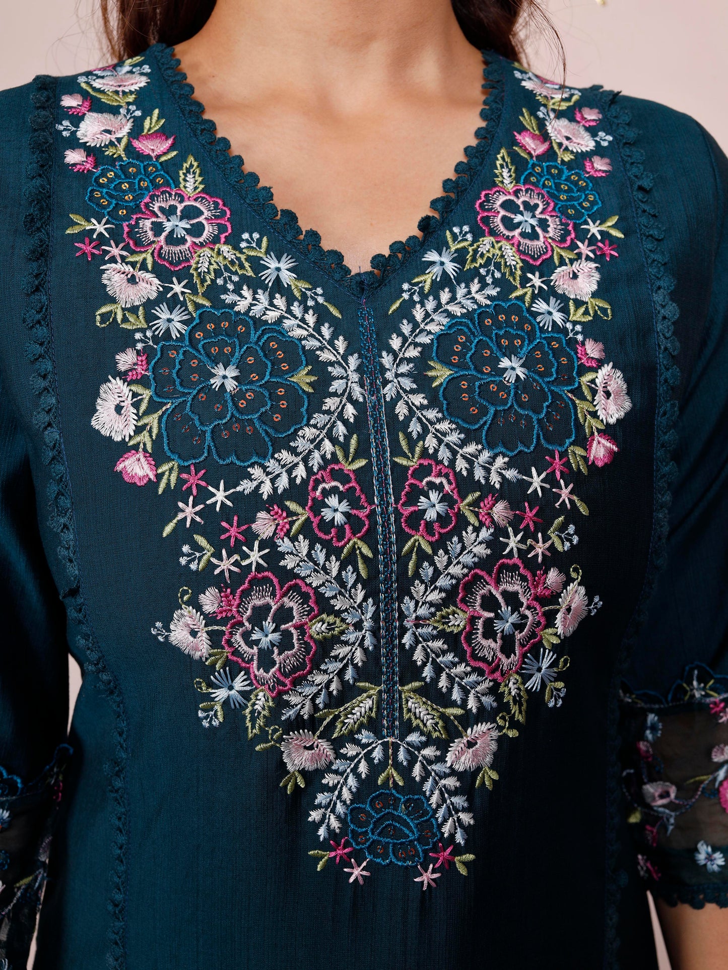 Embroidered Blended silk Solid Straight Teal Kurta