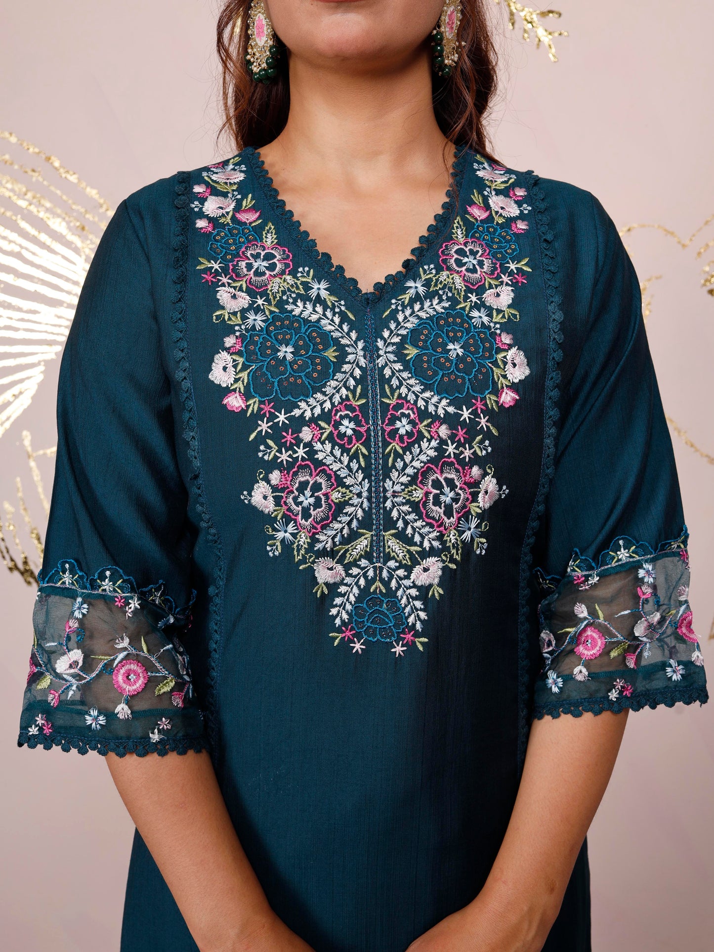 Embroidered Blended silk Solid Straight Teal Kurta