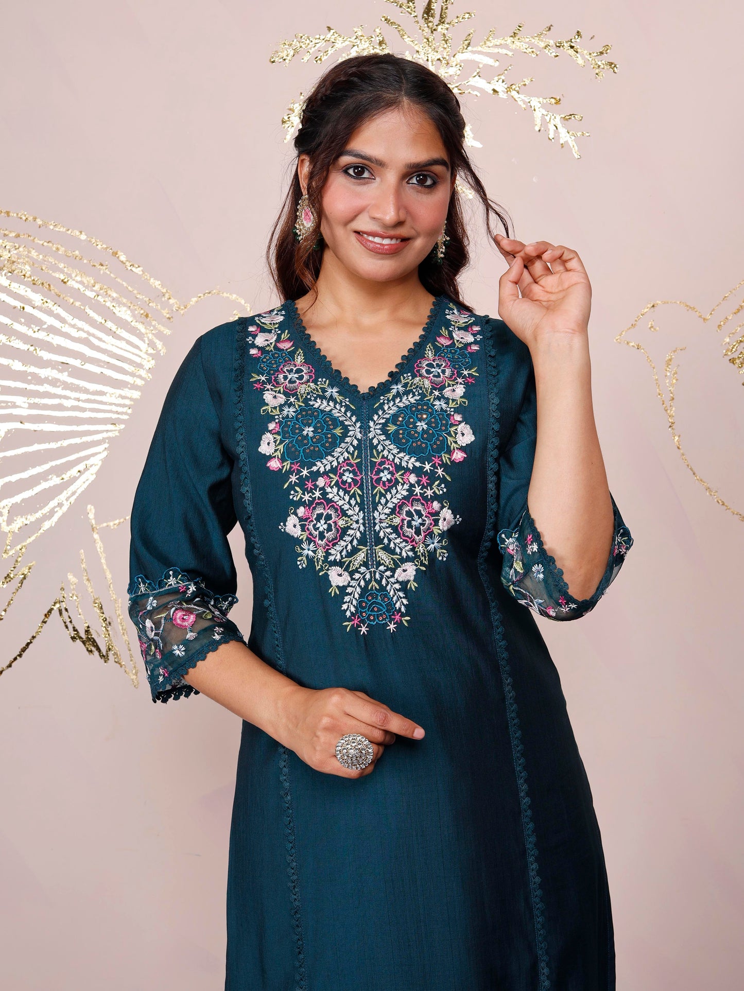 Embroidered Blended silk Solid Straight Teal Kurta
