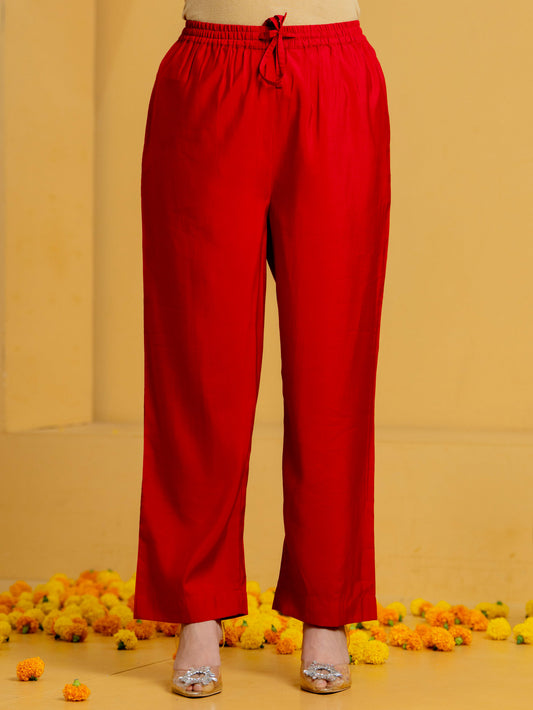 Chanderi Solid Red Straight Trousers