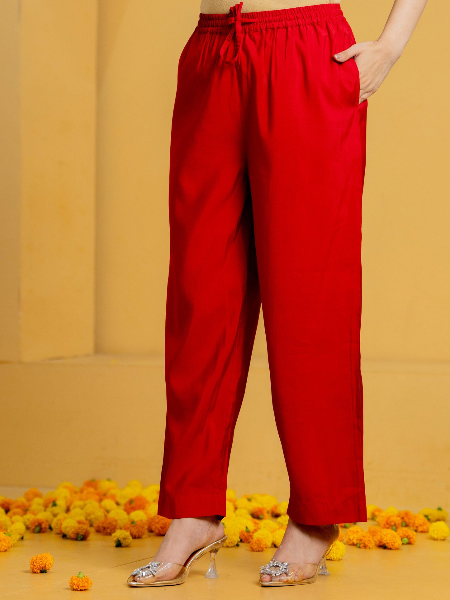Chanderi Solid Red Straight Trousers