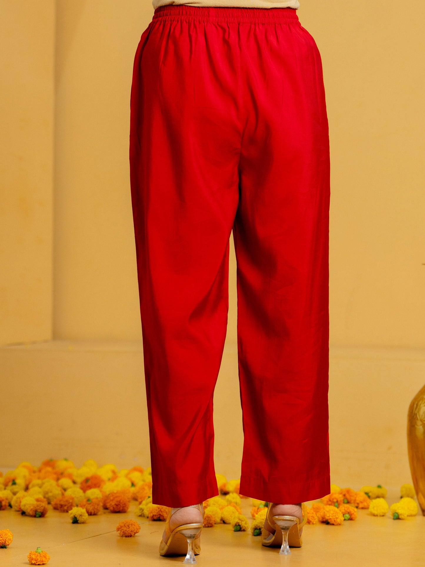Chanderi Solid Red Straight Trousers