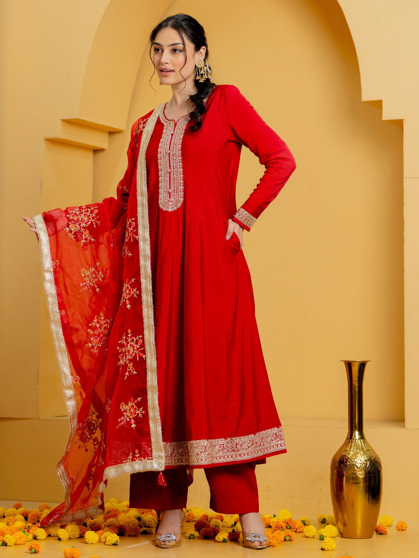 Embroidered Organza Solid Red Dupatta