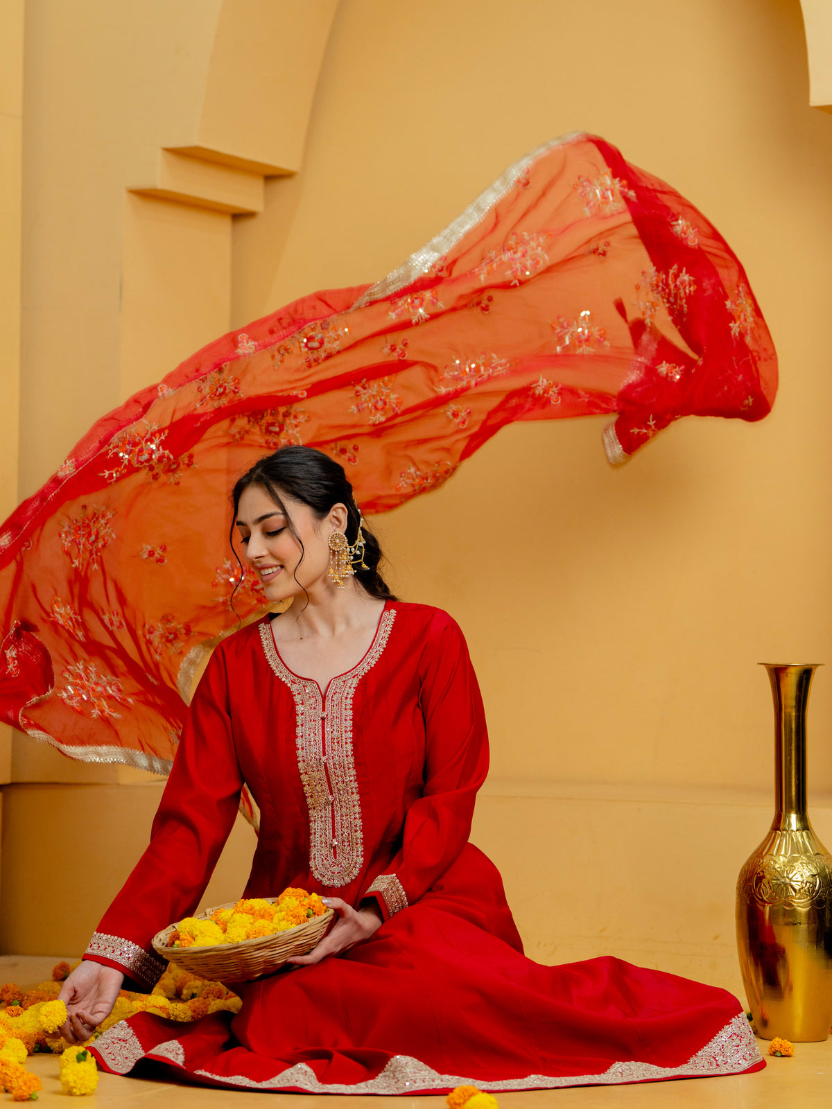 Embroidered Chanderi Solid Anarkali Red Kurta