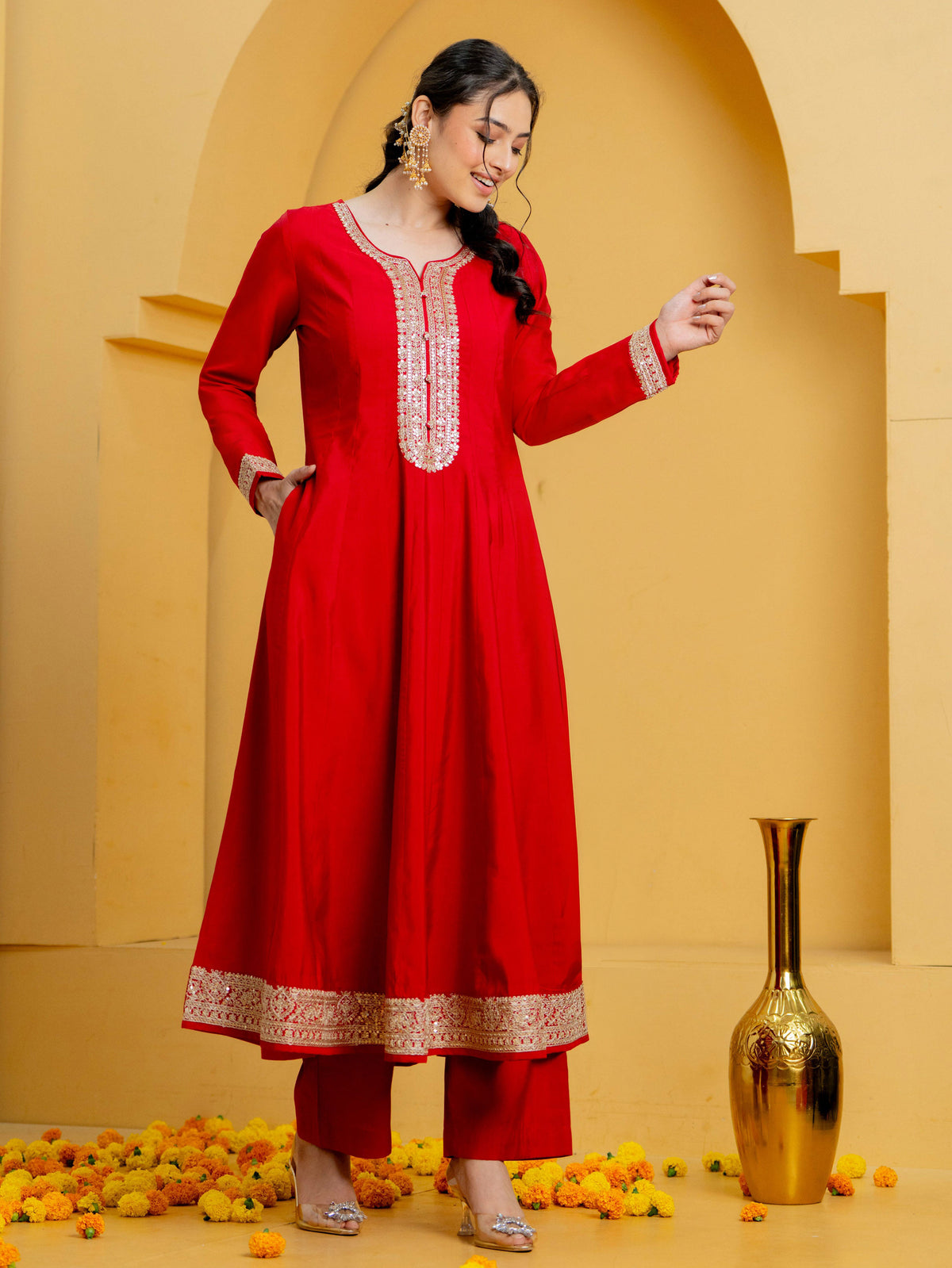 Embroidered Chanderi Solid Anarkali Red Kurta
