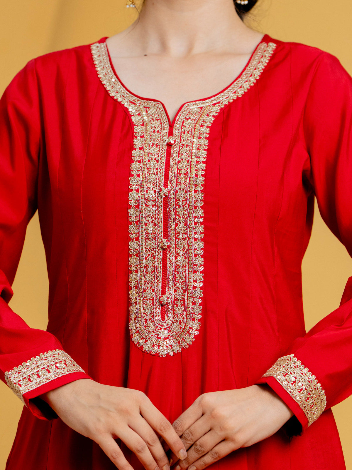 Embroidered Chanderi Solid Anarkali Red Kurta