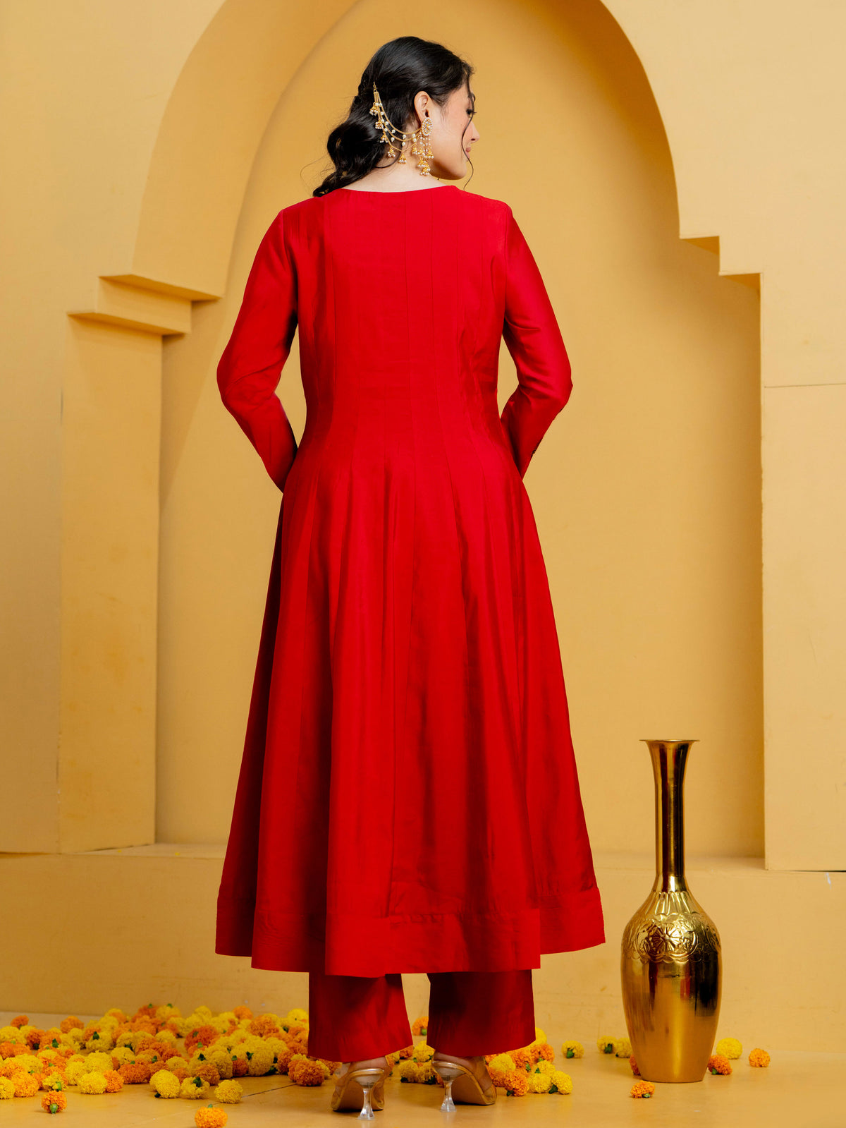 Embroidered Chanderi Solid Anarkali Red Kurta