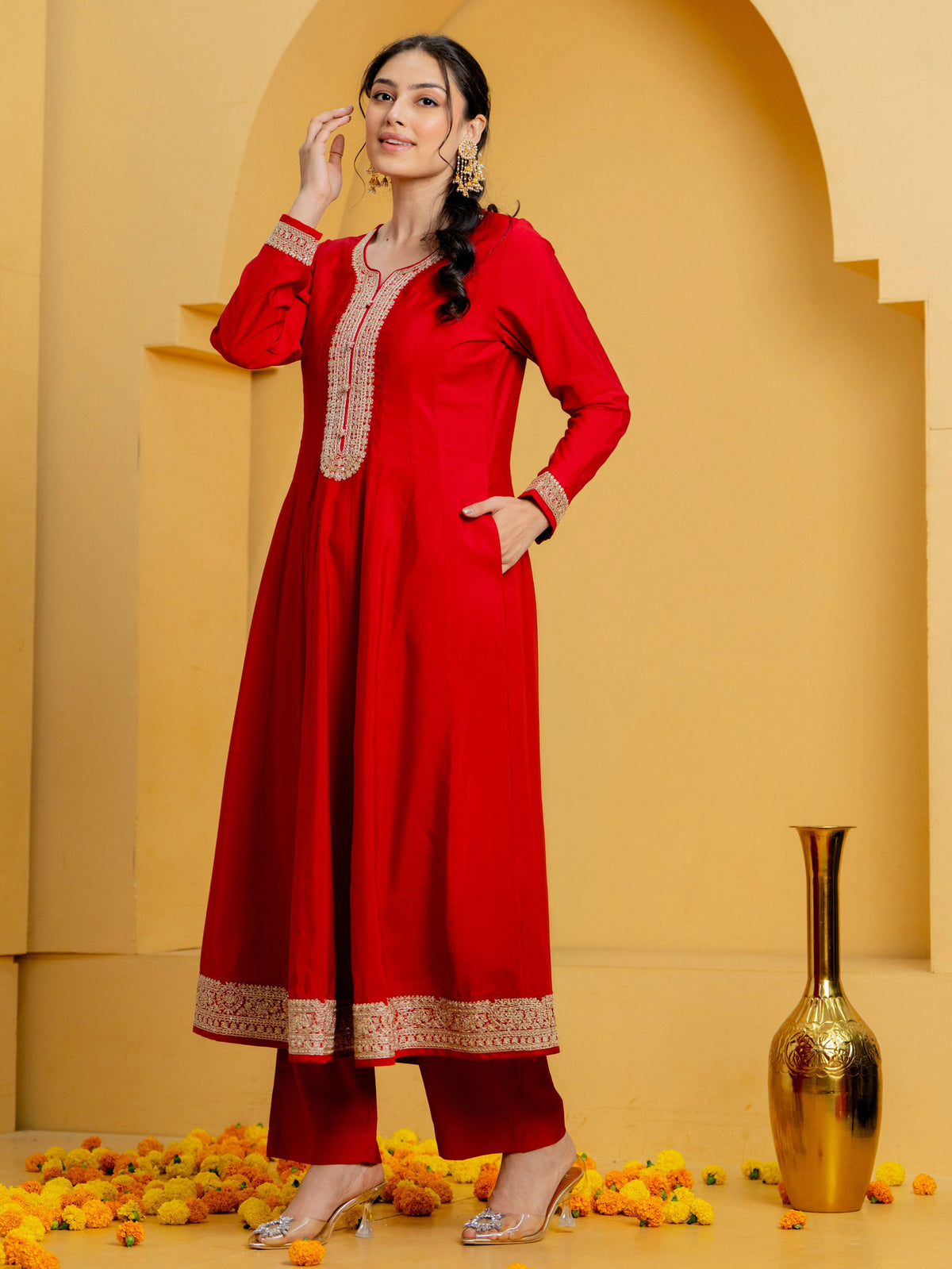 Embroidered Chanderi Solid Anarkali Red Kurta