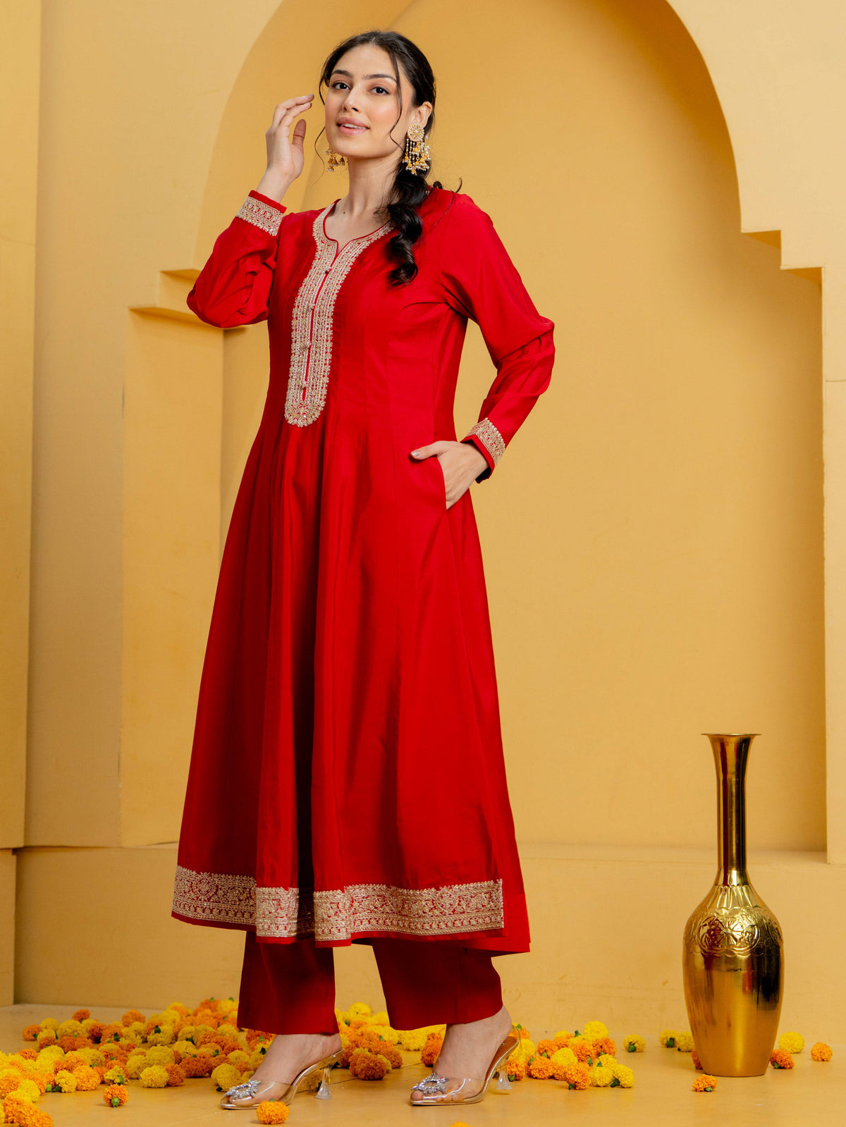 Embroidered Chanderi Solid Anarkali Red Kurta