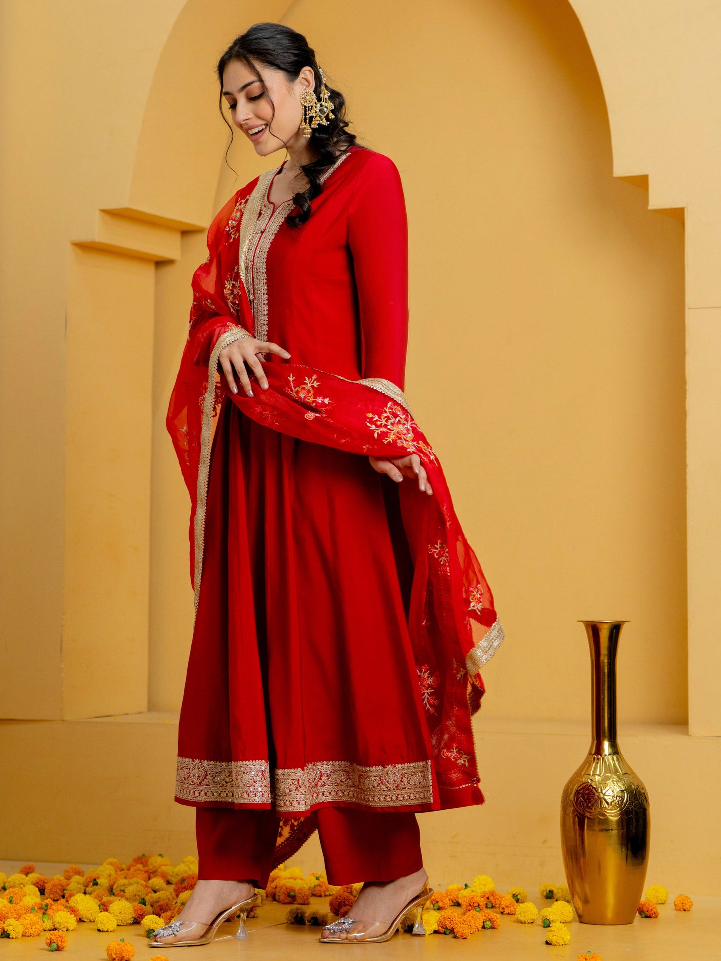 Embroidered Organza Solid Red Dupatta