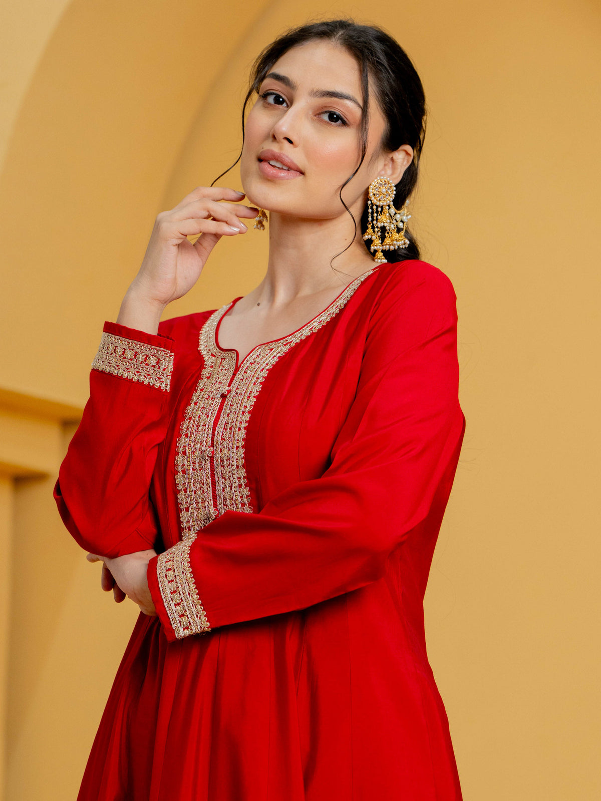 Embroidered Chanderi Solid Anarkali Red Kurta