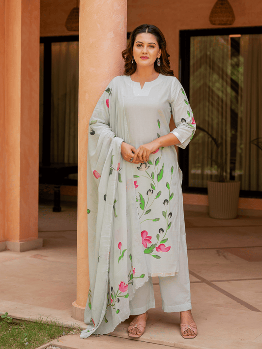 Embroidered Cotton voile Placement Print Blue Dupatta