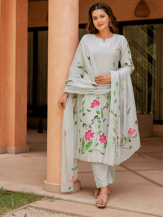 Soft cotton Placement Print Straight Blue Kurta
