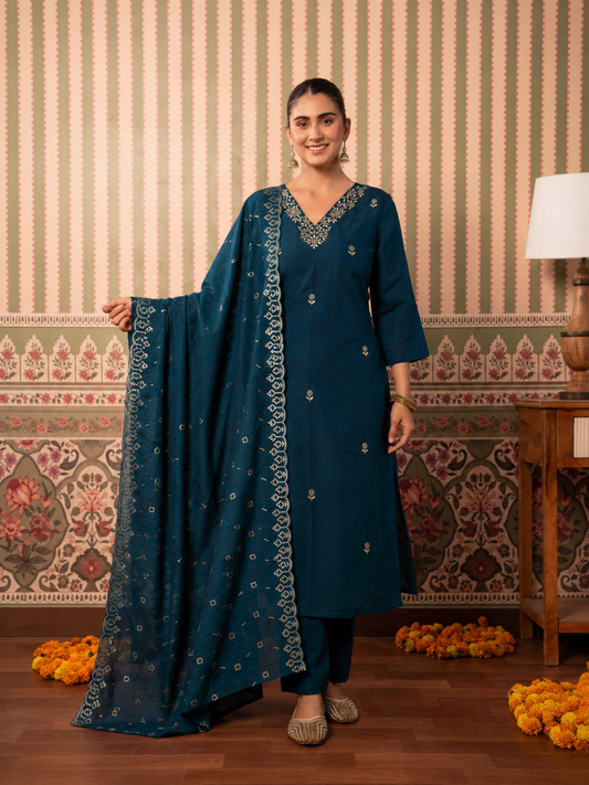 Embroidered Chanderi Solid Blue Dupatta